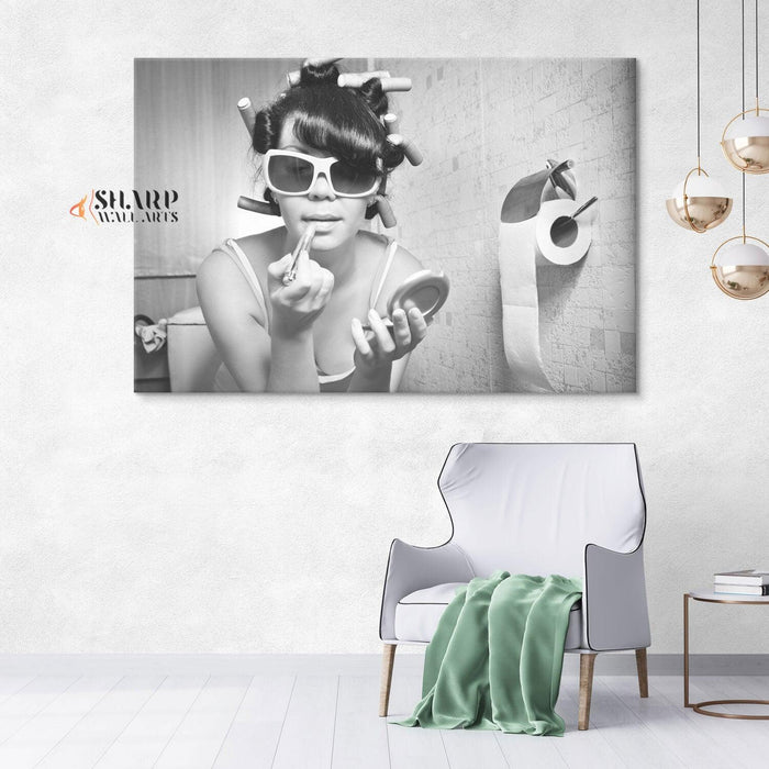 Girl Putting On Makeup Sits In The Toilet Canvas Wall Art - SharpWallArts