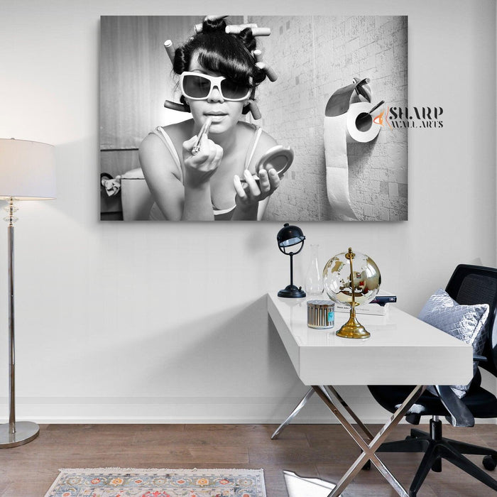 Girl Putting On Makeup Sits In The Toilet Canvas Wall Art - SharpWallArts