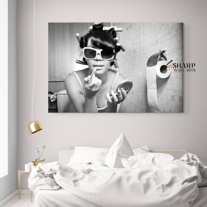 Girl Putting On Makeup Sits In The Toilet Canvas Wall Art - SharpWallArts