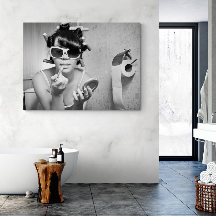 Girl Putting On Makeup Sits In The Toilet Canvas Wall Art - SharpWallArts