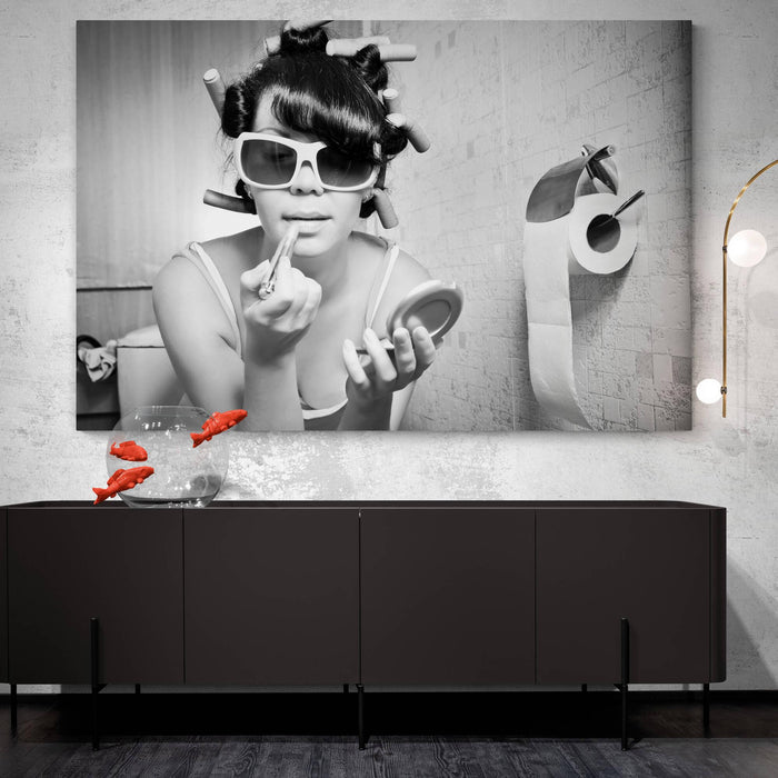 Girl Putting On Makeup Sits In The Toilet Canvas Wall Art - SharpWallArts