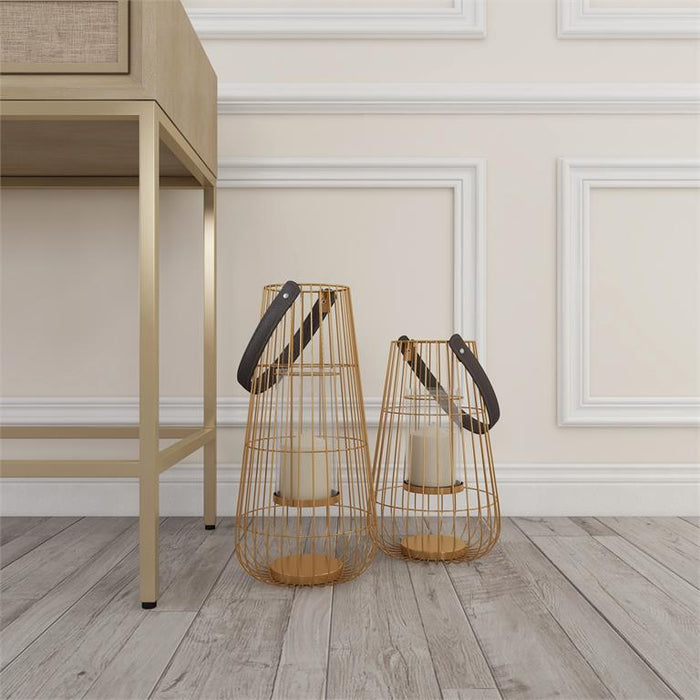 GOLD METAL PILLAR CANDLE LANTERN WITH LEATHER STRAPS