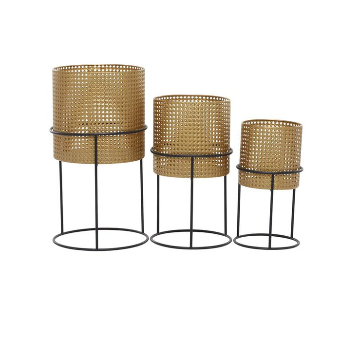 GOLD METAL RATTAN WEAVE INSPIRED PLANTER WITH REMOVEABLE RING STANDS