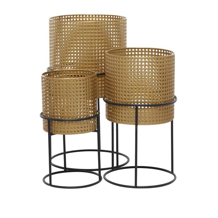 GOLD METAL RATTAN WEAVE INSPIRED PLANTER WITH REMOVEABLE RING STANDS