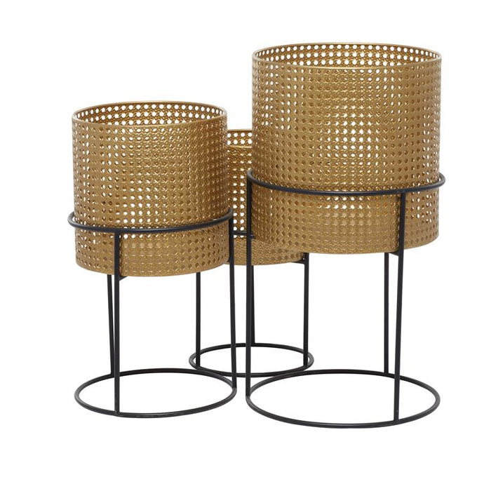 GOLD METAL RATTAN WEAVE INSPIRED PLANTER WITH REMOVEABLE RING STANDS