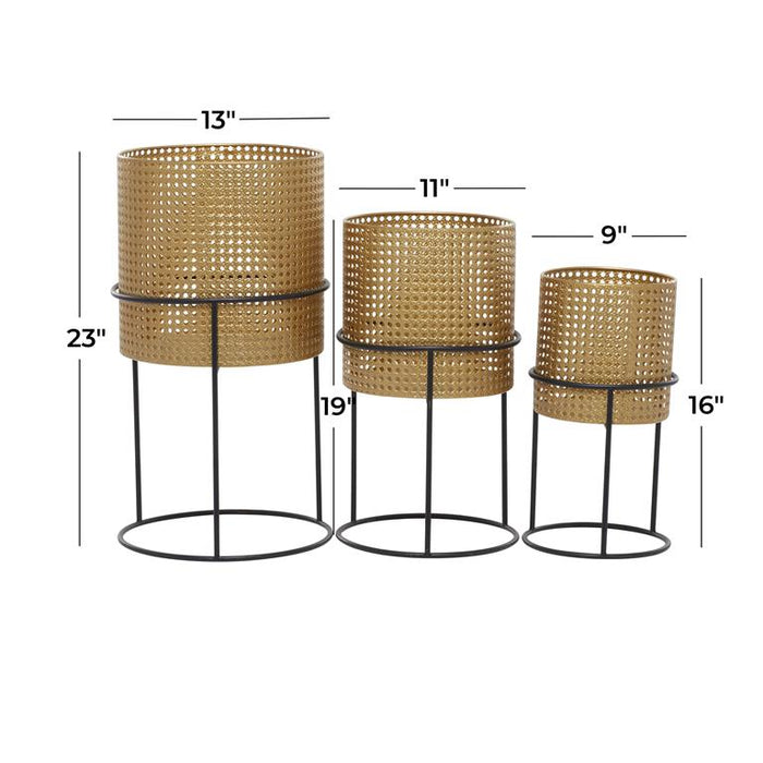GOLD METAL RATTAN WEAVE INSPIRED PLANTER WITH REMOVEABLE RING STANDS