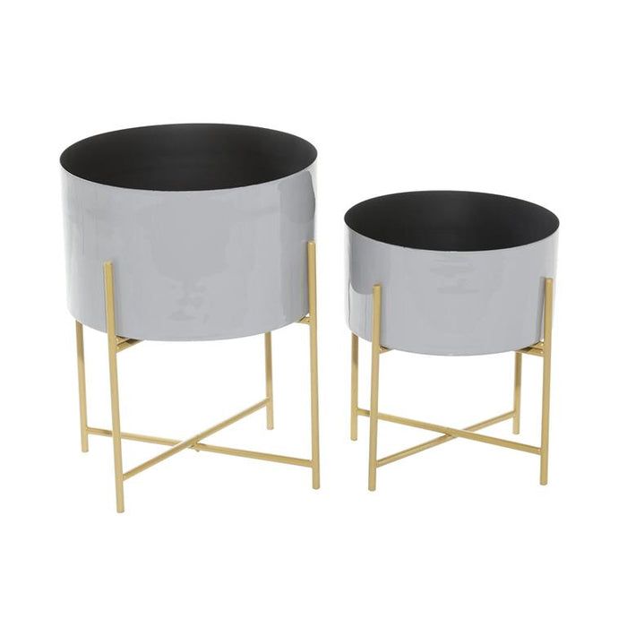 GRAY METAL INDOOR OUTDOOR PLANTER WITH REMOVABLE GOLD STAND