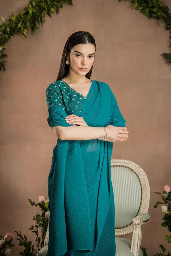 Ready to wear pine green saree