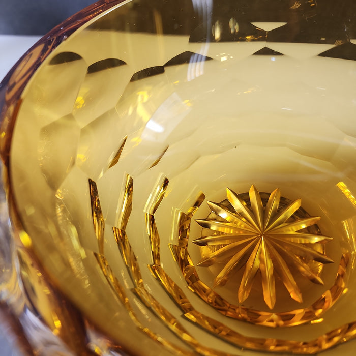 Hand cut and hand polished amber crystal bowl Honeycomb pattern