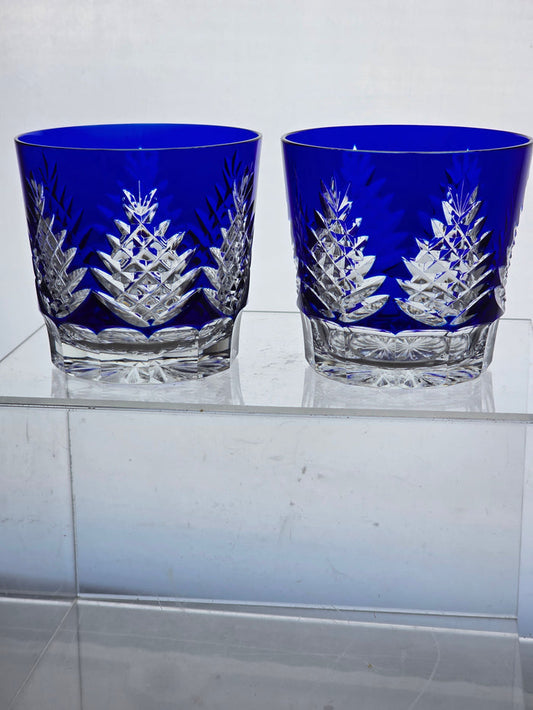 Hand Cut to clear blue double on the rocks glasses Pair