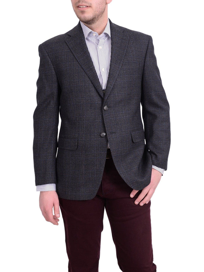 I Uomo BLAZERS I Uomo Men's Regular Fit Charcoal Gray Blue Plaid 100% Wool Flannel Sportcoat