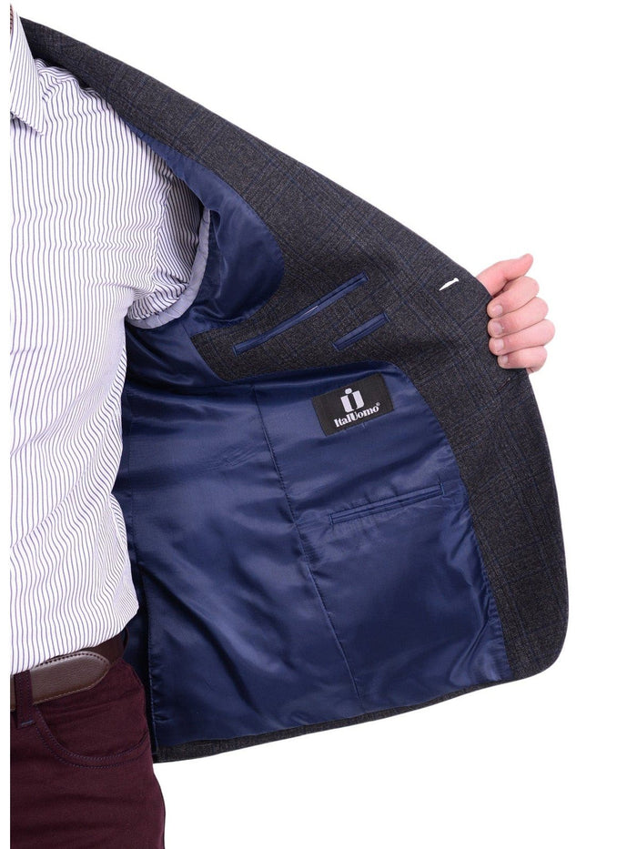 I Uomo BLAZERS I Uomo Men's Regular Fit Charcoal Gray Blue Plaid 100% Wool Flannel Sportcoat