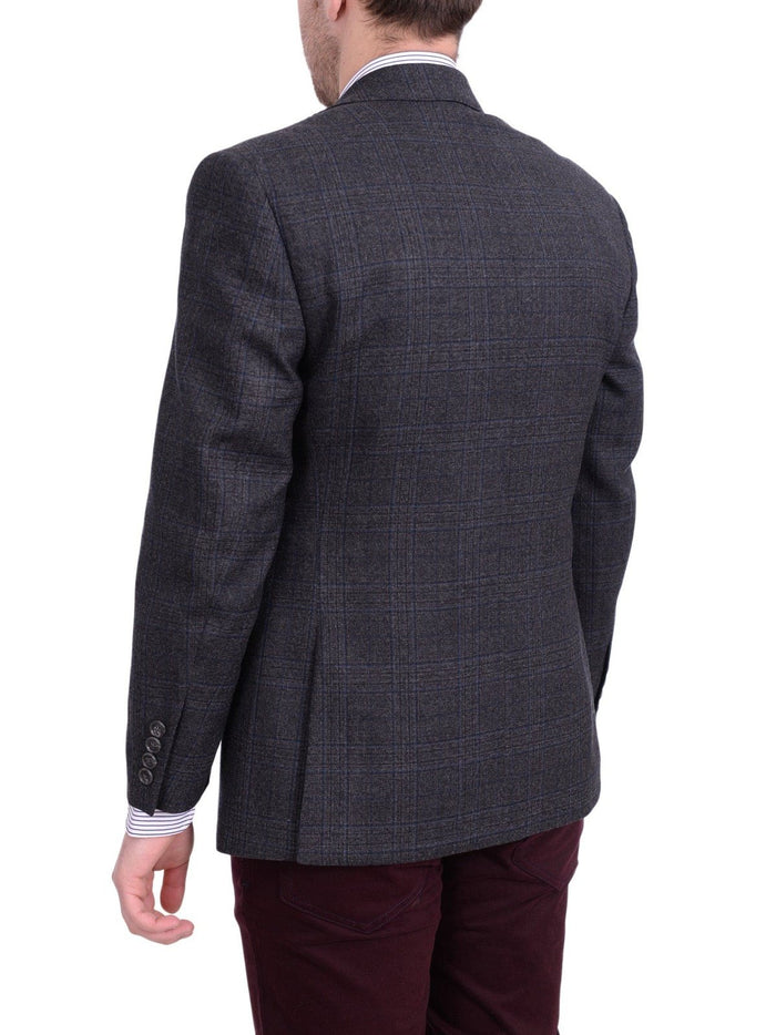 I Uomo BLAZERS I Uomo Men's Regular Fit Charcoal Gray Blue Plaid 100% Wool Flannel Sportcoat
