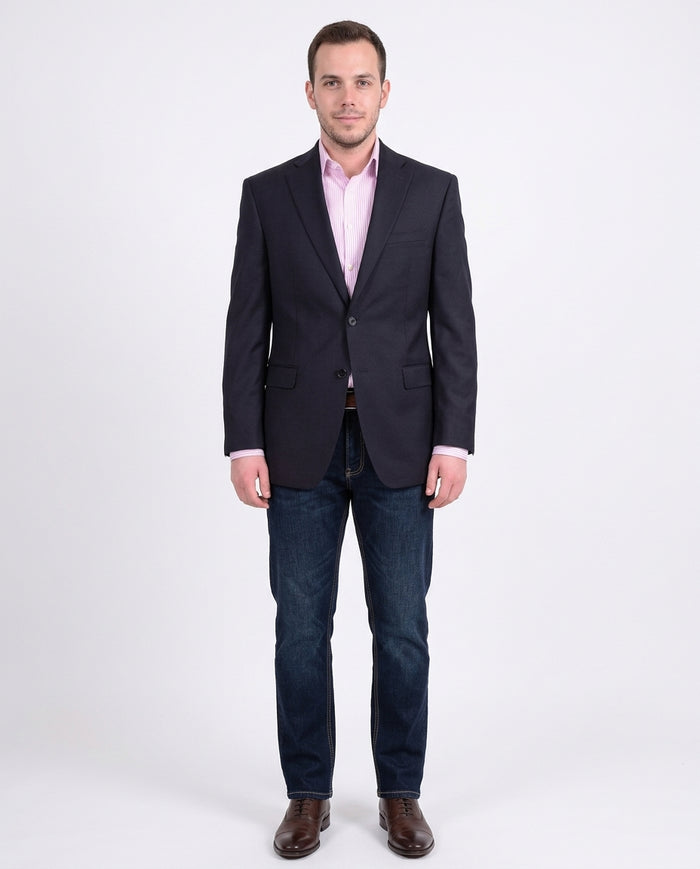 I Uomo Men's Regular Fit Navy Blue Textured Two Button Wool Blazer Sportcoat - The Suit Depot