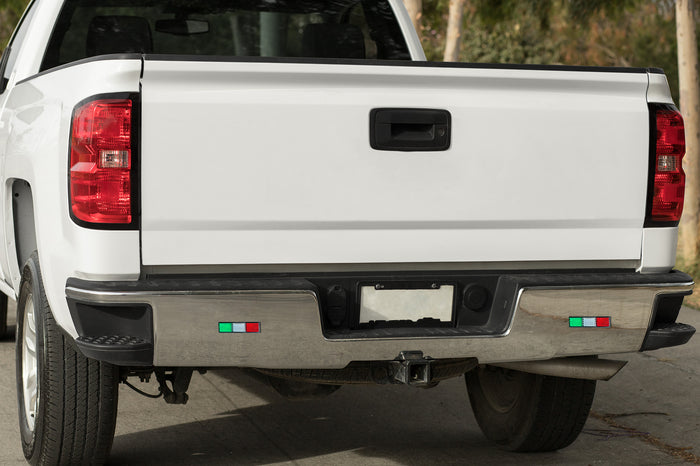 Tri-color LED light panel featuring green, white, and red illuminated sections with a textured prism surface for enhanced brightness and visibility on the car's rear bumper. Ideal for decorative lighting, cultural displays, or Italian-themed retail environments