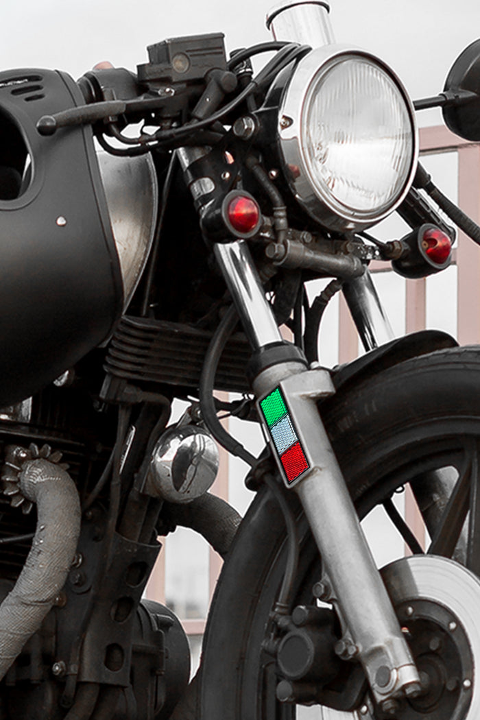 Tri-color LED light panel featuring green, white, and red illuminated sections with a textured prism surface for enhanced brightness and visibility on motorcycle's front fork. Ideal for decorative lighting, cultural displays, or Italian-themed retail environments