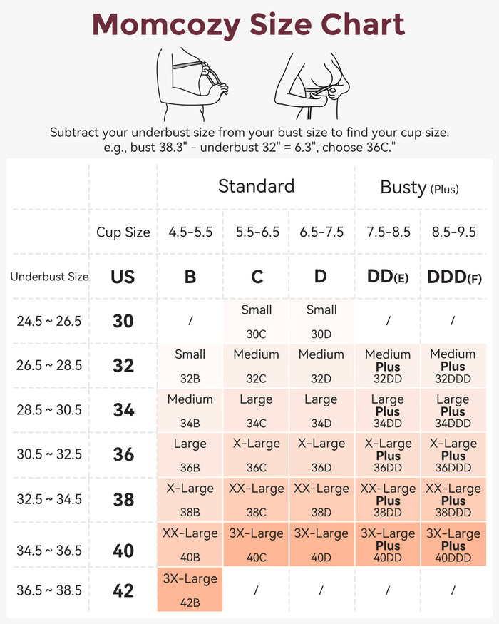 Jelly Strip Seamless Nursing Bra YN46 size chart: underbust 30-42, B-DDD/F cups, plus sizes. Measuring guide.
