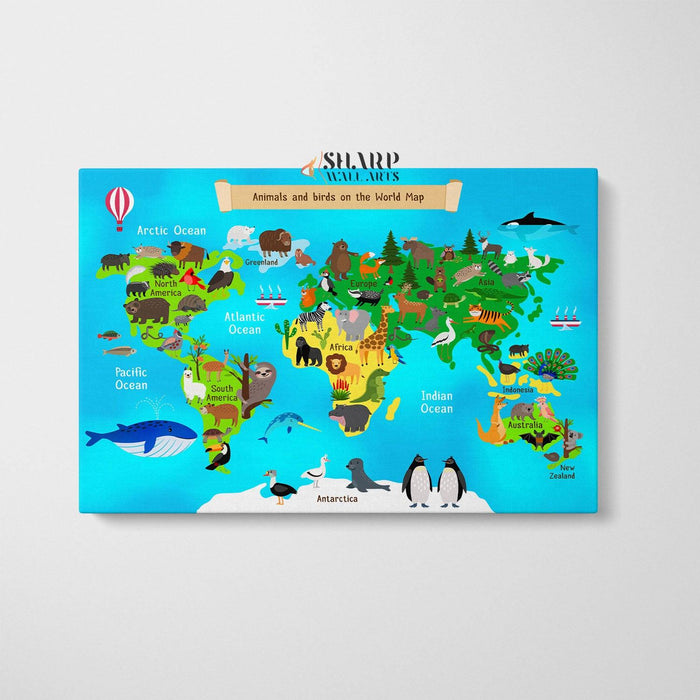 Kids Wall Art World Map - Animal World Map - SharpWallArts