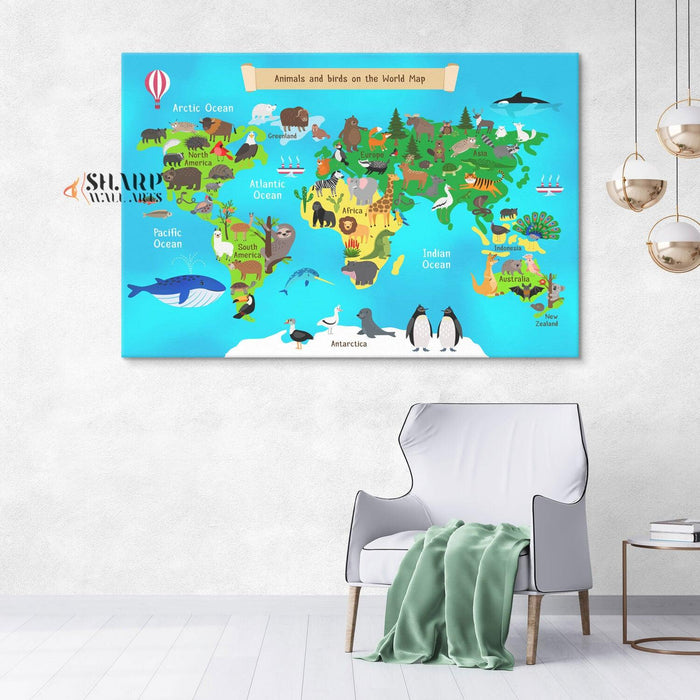 Kids Wall Art World Map - Animal World Map - SharpWallArts