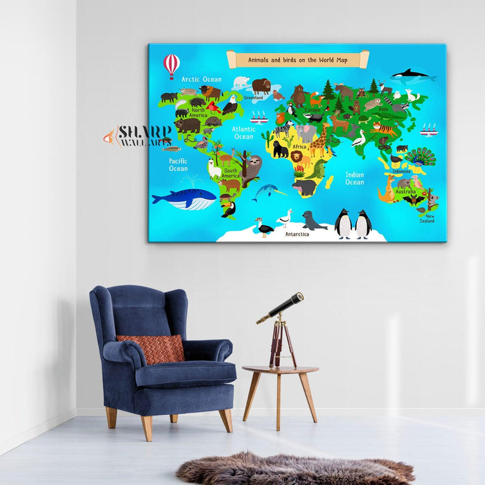 Kids Wall Art World Map - Animal World Map - SharpWallArts