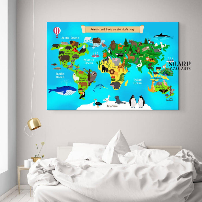 Kids Wall Art World Map - Animal World Map - SharpWallArts
