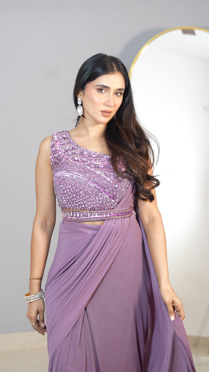 Lavender Sequins Draped Saree