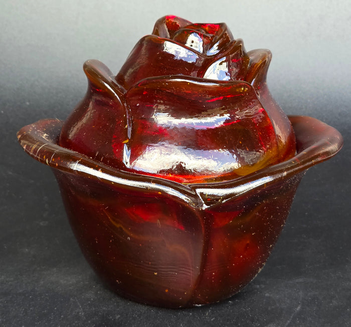L.E Smith Glass red rose bowl with lid Glows