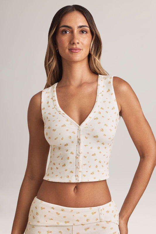 Modal Ribbed Button-Up Vest Top in Floral Print