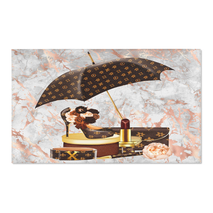 Luxury Monogram Umbrella & Rose Area Rug — Chic Designer-Inspired Accent Rug