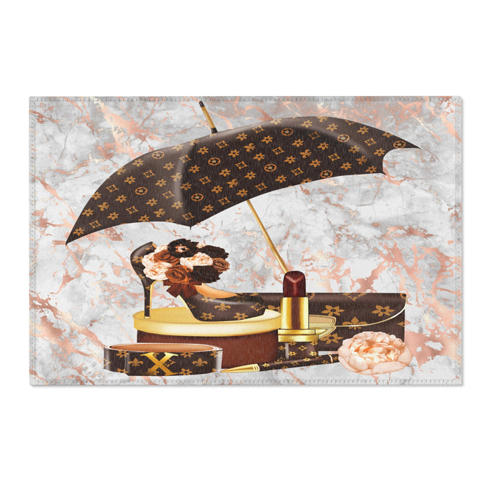 Luxury Monogram Umbrella & Rose Area Rug — Chic Designer-Inspired Accent Rug
