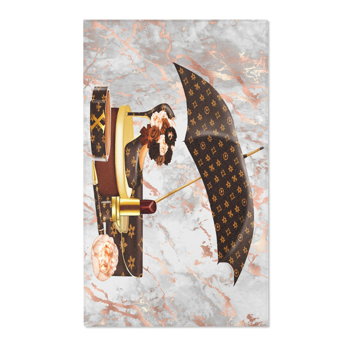 Luxury Monogram Umbrella & Rose Area Rug — Chic Designer-Inspired Accent Rug