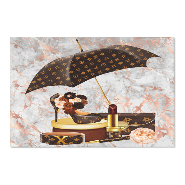 Luxury Monogram Umbrella & Rose Area Rug — Chic Designer-Inspired Accent Rug