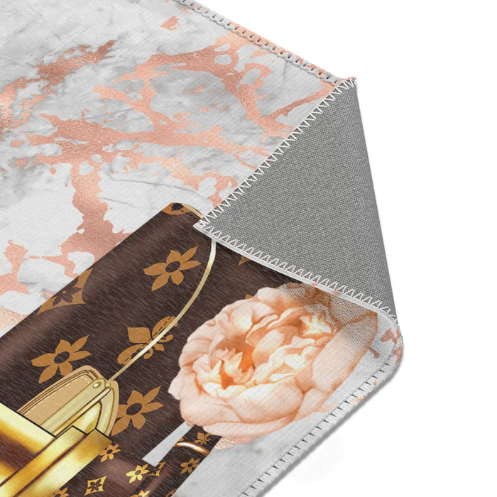 Luxury Monogram Umbrella & Rose Area Rug — Chic Designer-Inspired Accent Rug