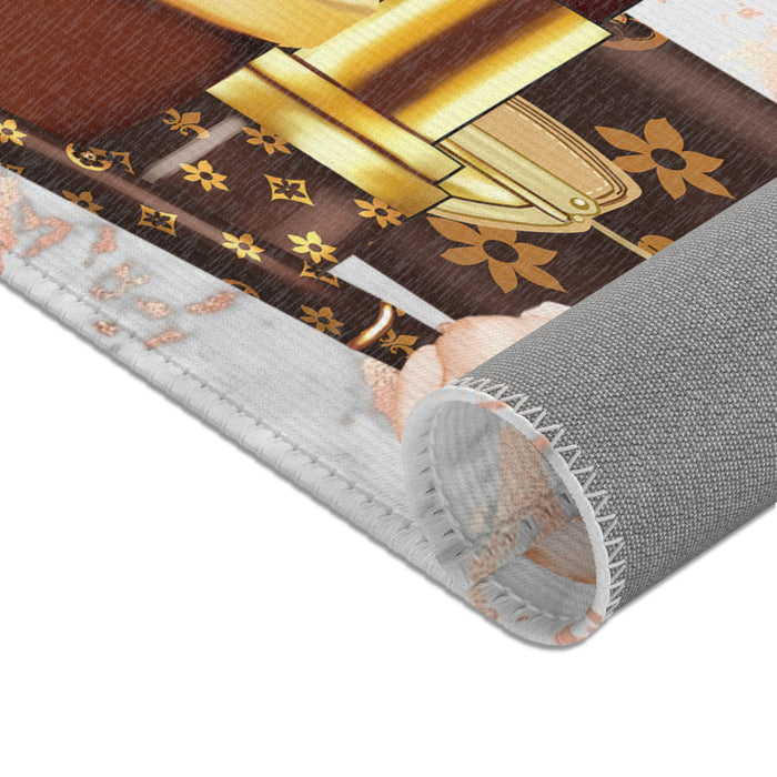 Luxury Monogram Umbrella & Rose Area Rug — Chic Designer-Inspired Accent Rug