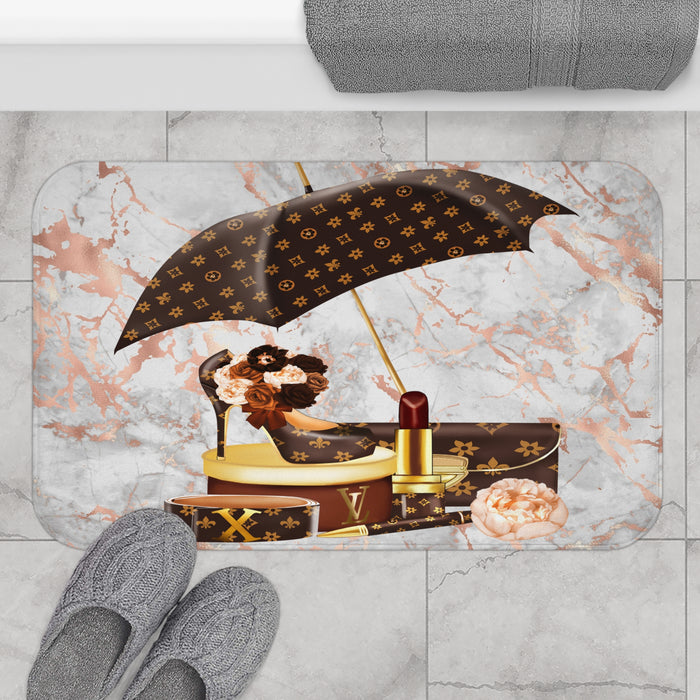 Luxury Vanity Bath Mat — Designer Pattern Lipstick & Umbrella on Marble