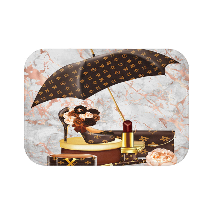 Luxury Vanity Bath Mat — Designer Pattern Lipstick & Umbrella on Marble