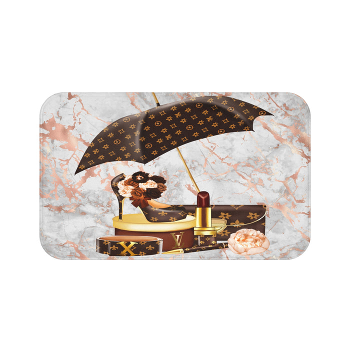 Luxury Vanity Bath Mat — Designer Pattern Lipstick & Umbrella on Marble