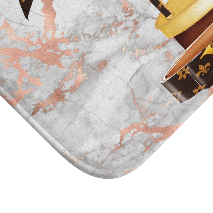Luxury Vanity Bath Mat — Designer Pattern Lipstick & Umbrella on Marble