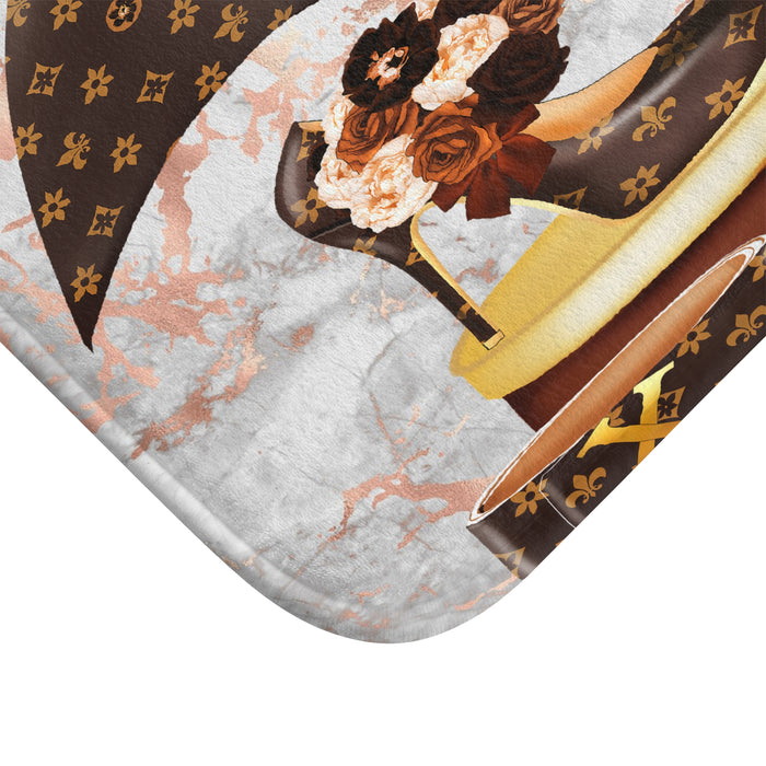 Luxury Vanity Bath Mat — Designer Pattern Lipstick & Umbrella on Marble
