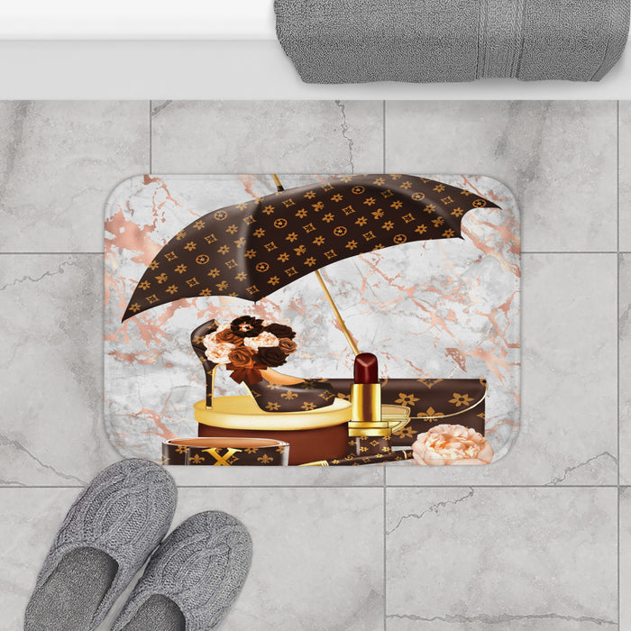 Luxury Vanity Bath Mat — Designer Pattern Lipstick & Umbrella on Marble