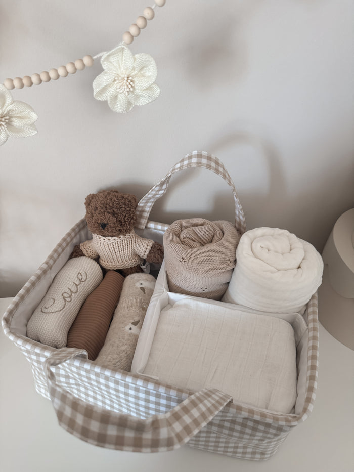 Mabel & Fox - Gingham Nappy Caddy - Beige - Mabel & Fox