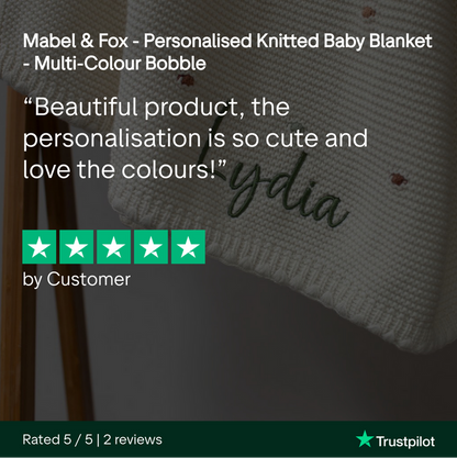 Personalized knitted baby blanket with embroidered name, Mabel & Fox brand visible.