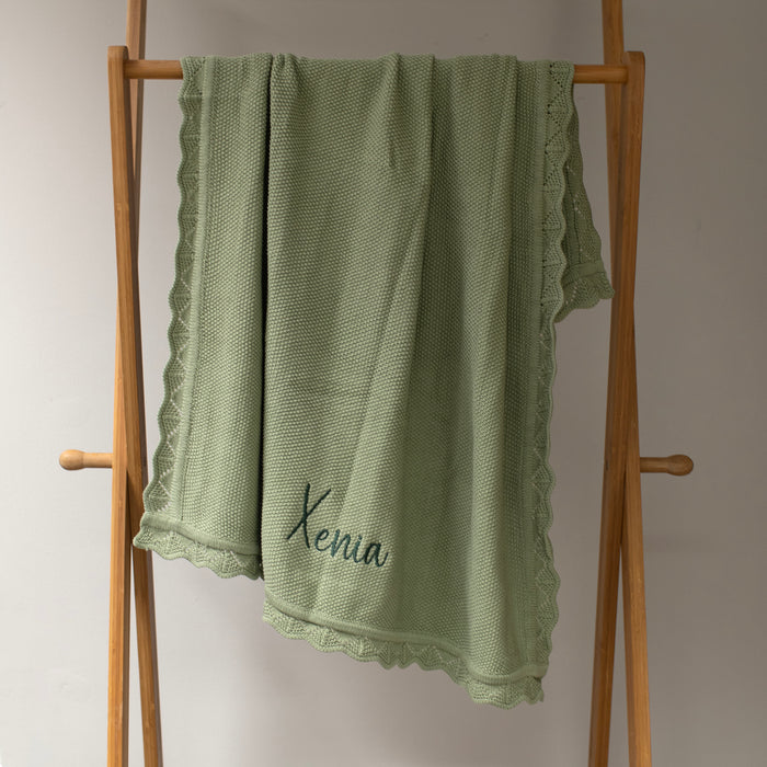 Mabel & Fox - Personalised Knitted Baby Blanket - Sage Green - Mabel & Fox