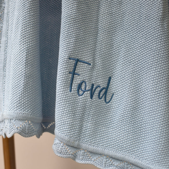 Mabel & Fox - Personalised Knitted Baby Blanket - Sky Blue - Mabel & Fox