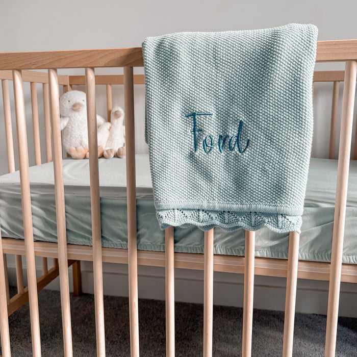 Mabel & Fox - Personalised Knitted Baby Blanket - Sky Blue - Mabel & Fox