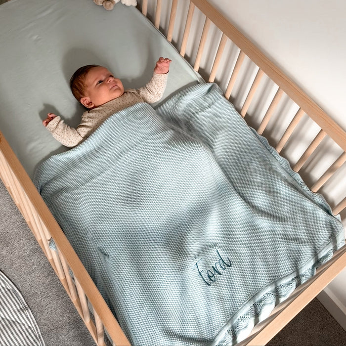 Mabel & Fox - Personalised Knitted Baby Blanket - Sky Blue - Mabel & Fox