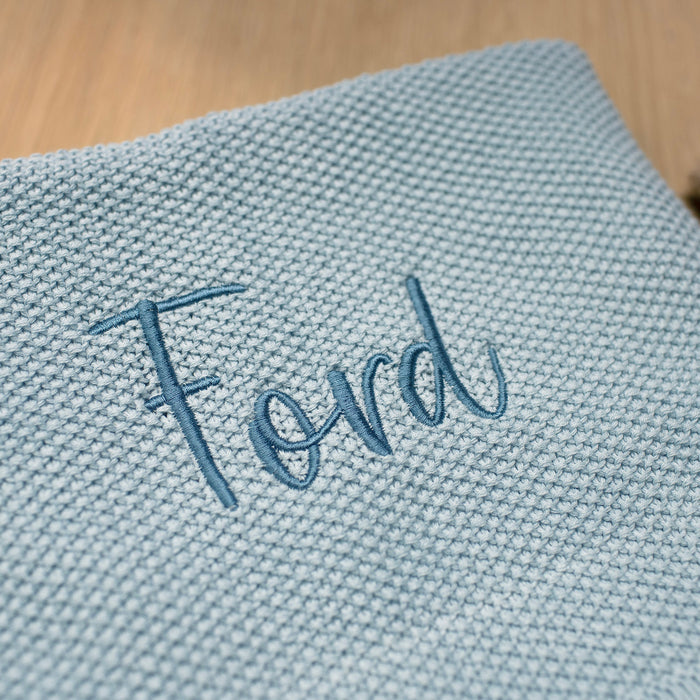 Mabel & Fox - Personalised Knitted Baby Blanket - Sky Blue - Mabel & Fox