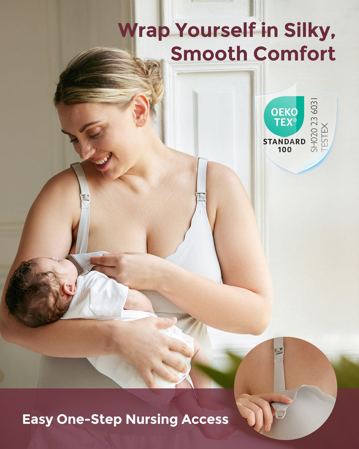 Mom nursing baby in grey Maternity Nursing & Pumping Tank Top with easy access clips