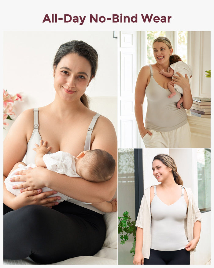 Mom wearing grey Maternity Nursing & Pumping Tank Top while breastfeeding baby at home