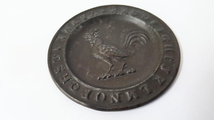 Miniature 2 inch ABC Alphabet Tin Collectible Plate - Crowing Rooster ~ 1850-1899